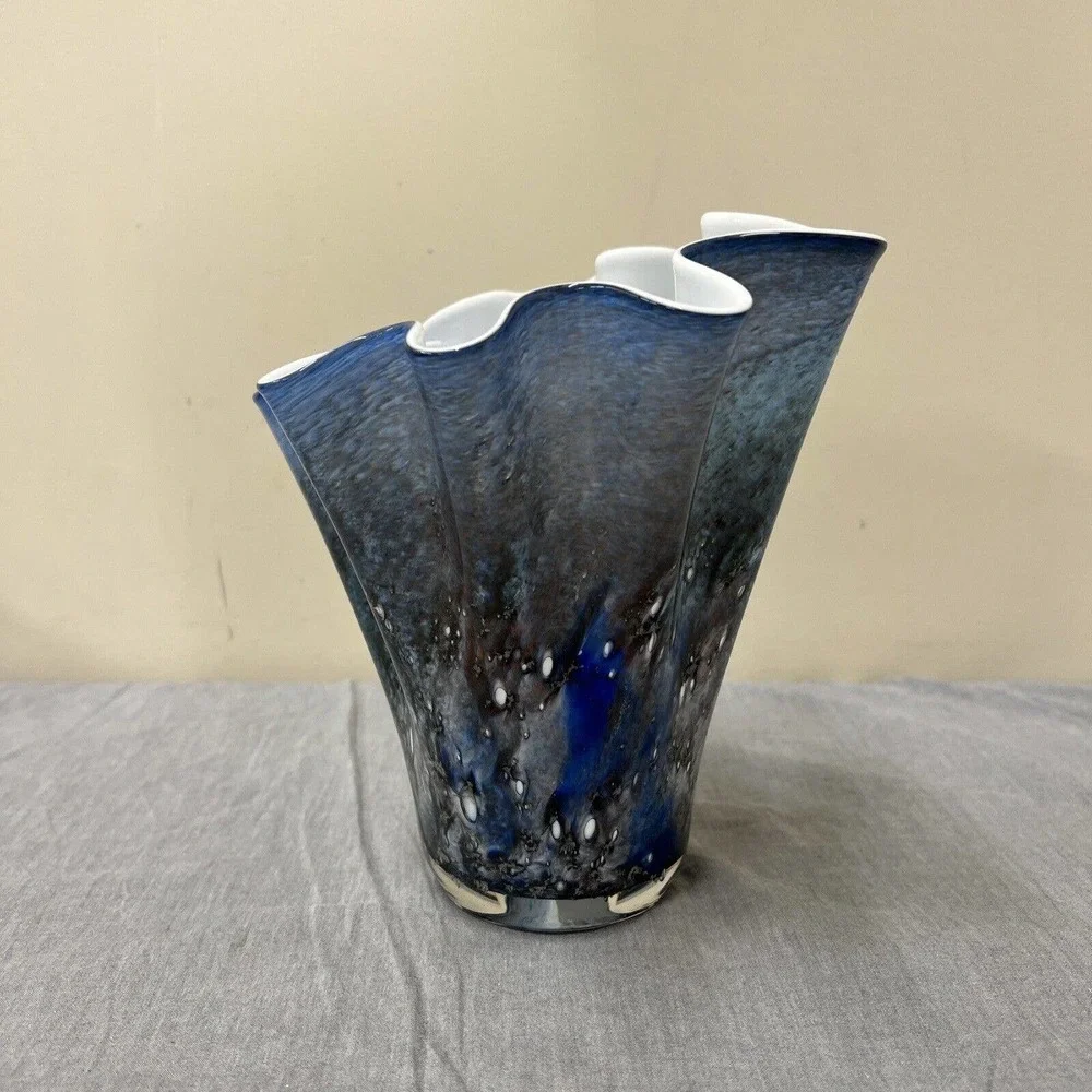 Alicja Handkerchief Blue Art Glass Vase Hand Made In Poland 8”T 7”W FS Charity
